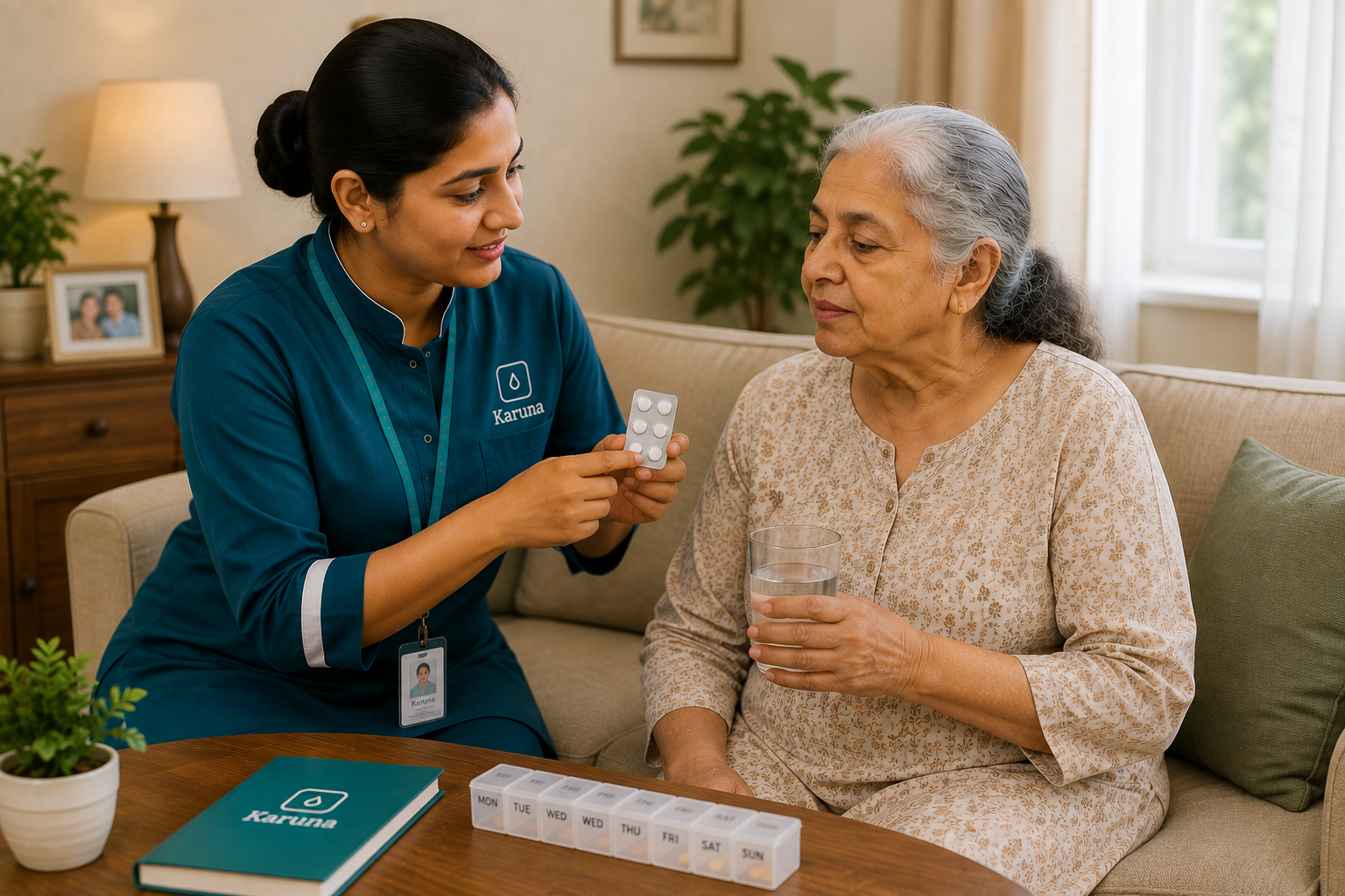 Karuna caregiver helping an elderly person with their daily medicines